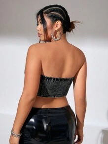 SHEIN ICON Plus Lace Up Front Tube Denim Top - Blue - View 2