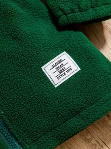 Young Boy Letter Patched Detail Drawstring Waist Flap Detail Zip Up Teddy Coat for Christmas - Green - View 4