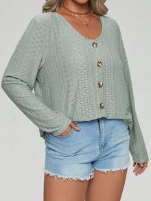 SHEIN LUNE 大碼網眼刺繡前紐扣T恤 - 薄荷綠 - 查看 5