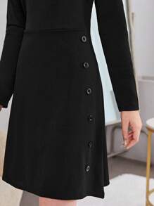 青少年女孩小高領紐扣細節洋裝 - 黑色 - 查看 5