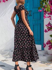 SHEIN VCAY Ditsy Floral Print Split Thigh Dress - Black - View 2