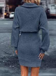 SHEIN LUNE 1/4拉鍊落肩袖毛衣洋裝 - 霧霾藍 - 查看 2