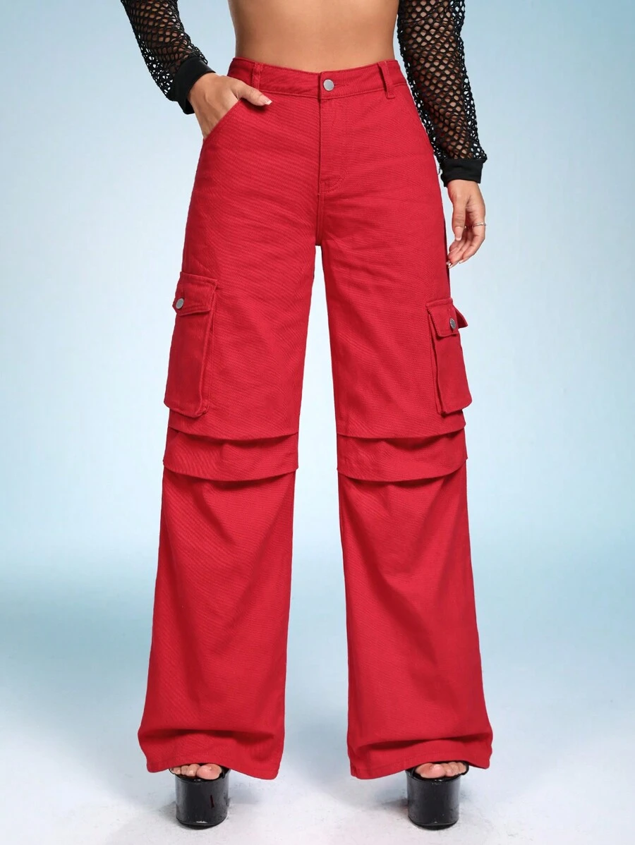 SHEIN ICON 翻蓋口袋工裝牛仔褲 - 紅色 - 查看 1