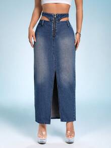 SHEIN ICON Cắt bỏ eo Tách đùi Váy Denim - Màu xanh lam - Xem 3