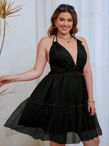 SHEIN LUNE Plus Contrast Mesh Ruffle Hem Tie Backless Halter Dress - Black - View 6