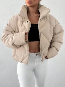 EURMUSE Slant Pocket Zip Up Puffer Coat - Beige - View 3