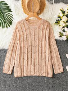 Calvaya Plus Solid Textured Knit Sweater Knit Pullover Fall Winter Outfit - Brown - View 1