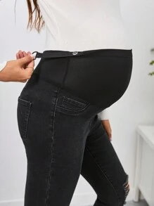 SHEIN Quần jean skinny rách sờn dành cho bà bầu - màu đen - Xem 5