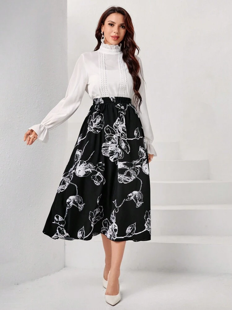 SHEIN Clasi Jupe Imprimé Floral Taille Élastique - Noir - Voir 6