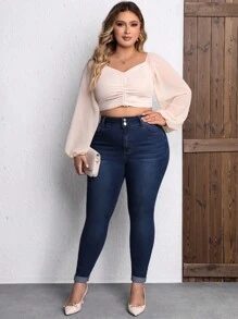 SHEIN Essnce 鈕扣 口袋 拉鍊純色大碼牛仔褲 - 藍色 - 查看 2