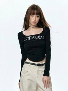 Áo thun nữ dài tay cổ tròn dáng ôm, họa tiết chữ, màu đen, thích hợp mặc hàng ngày, mùa xuân. - màu đen - Xem 4