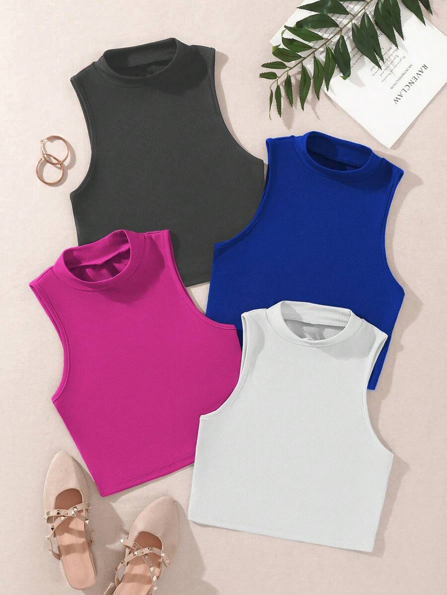 Flirla Hơn 4pcs Chất rắn Áo ba lỗ - Màu Hồng Tươi - Xem 1