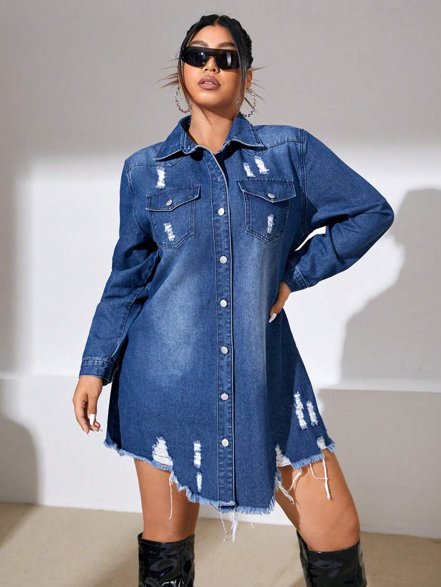 SHEIN ICON Cộng thêm váy denim viền cong thô cắt thô - Màu xanh lam - Xem 1