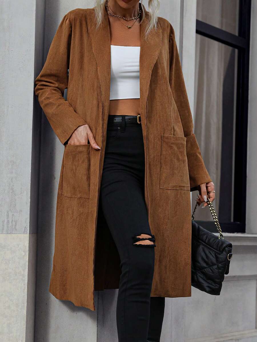SHEIN LUNE Dual Pocket Open Front Coat Fall Cloth For Women - Brown - View 1