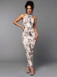 Silquee Tie Dye & Leopard Mock Neck Bodycon Dress - Grey - View 4
