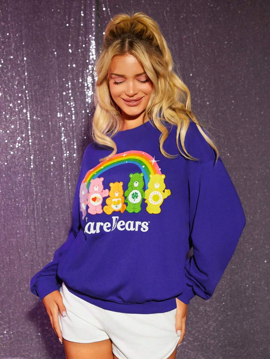 SHEIN X Care Bears 彩虹&字母圖案落肩運動衫 - 紫色 - 查看 1