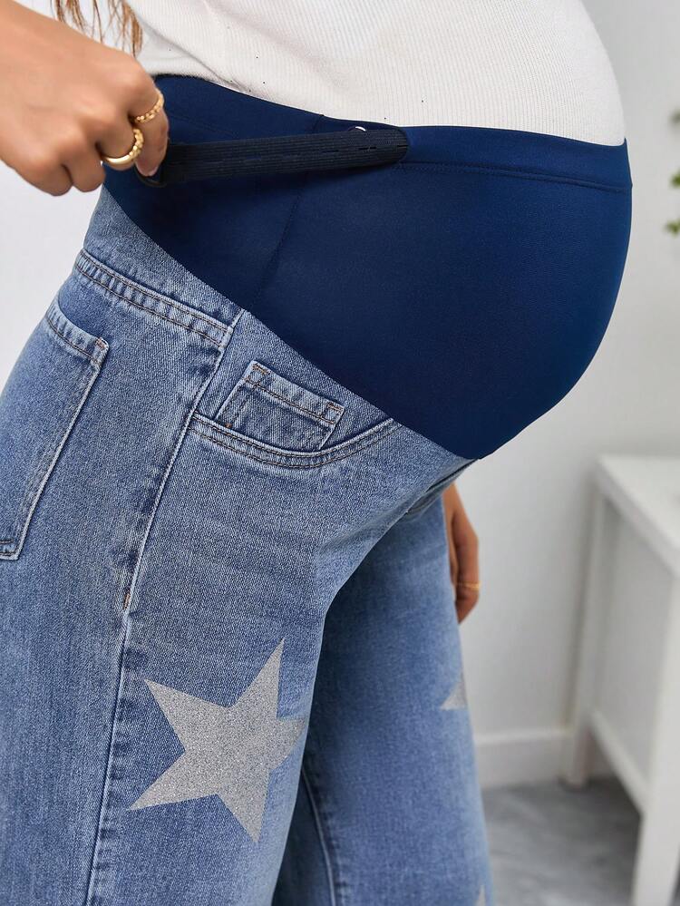 Maternity Wideband Waist Star Print Straight Leg Jeans
