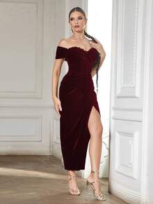 優雅交叉 高衩純色女士連衣裙 - 酒紅色 - 查看 6