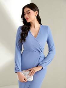 Seusyu Solid Wrap Hem Bodycon Dress - Blue - View 7