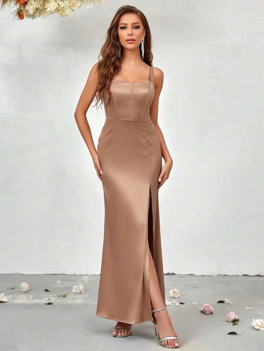 SHEIN Belle Split Thigh Satin Bridesmaid Dress - Champagne - View 1