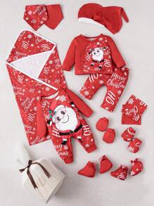 SHEIN 女婴 1 件字母图案 T 恤、2 件帽子、手套、鞋子、2 件围兜、1 条毯子、1 件连体衣和 1 条裤子 - 彩色 - 查看 1