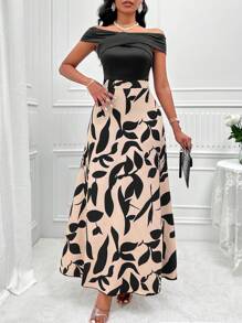 Zolique Leaf Print Off Shoulder Dress