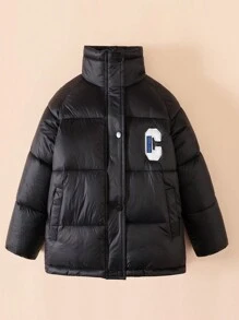 Tween Girl Letter Patched Funnel Neck Padded Coat - Black - View 1