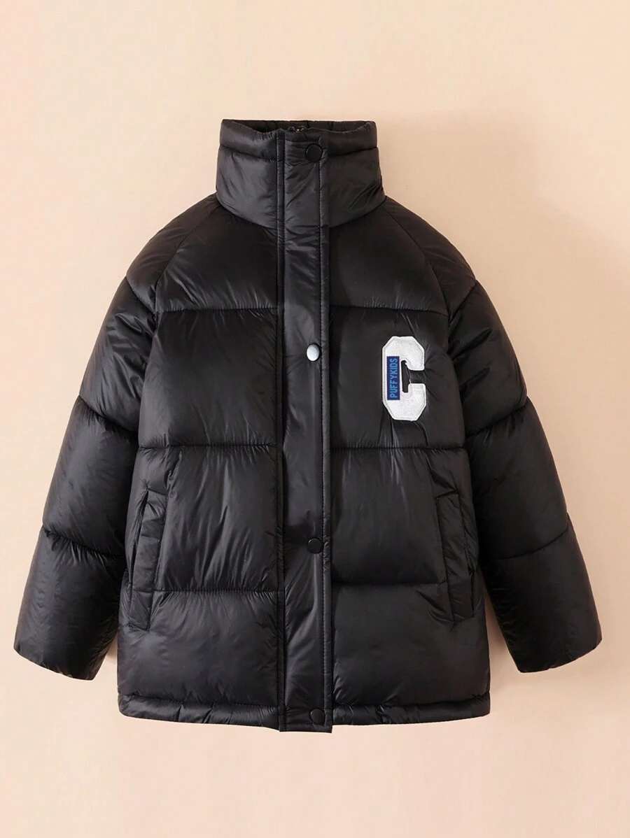 Tween Girl Letter Patched Funnel Neck Padded Coat - Black - View 1
