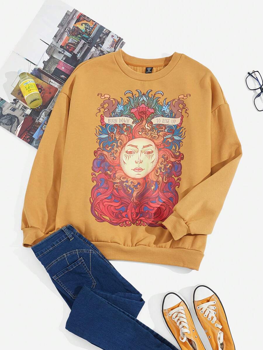 SHEIN EZwear Hơn In mặt trời Thả vai Áo nỉ - Màu vàng - Xem 1