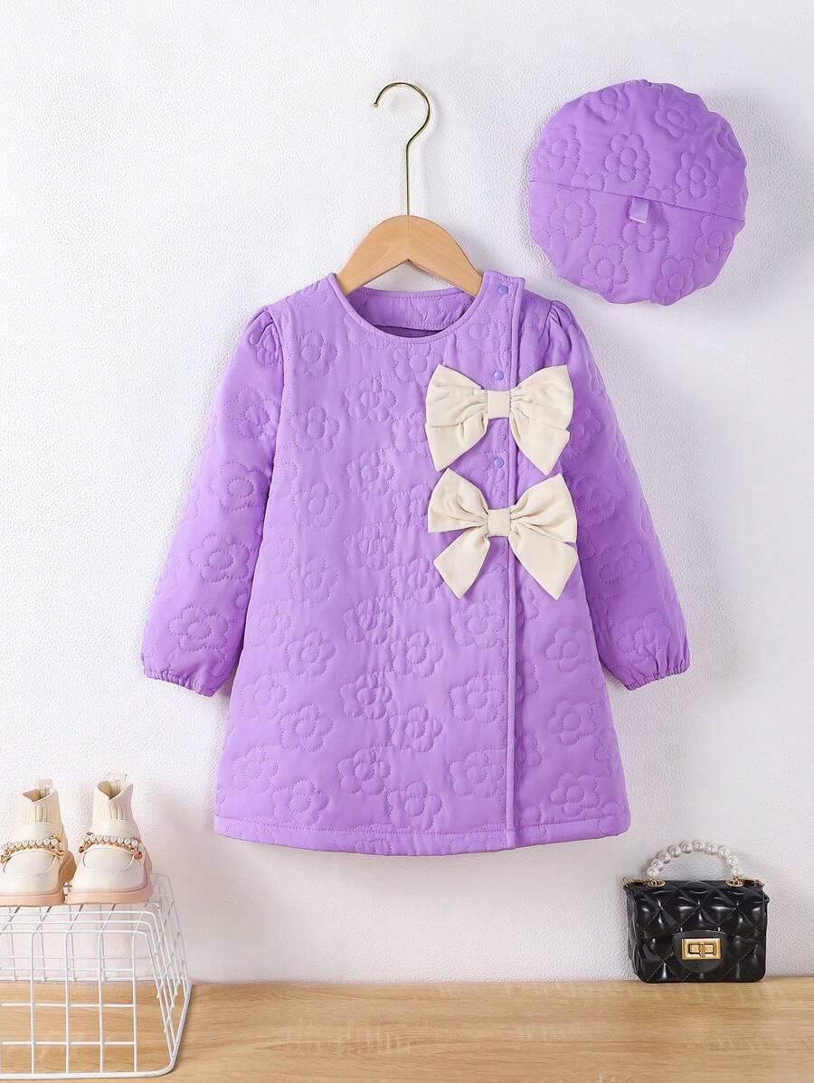 SHEIN Cô Gái Trẻ Nơ mặt trước Tay áo lồng đèn áo & Mũ - Màu tím - Xem 1