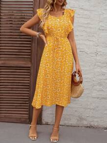 SHEIN LUNE Vestido con cinturón con estampado floral ribete con fruncido - Mostaza Amarilla - Ver 6