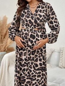 SHEIN Thai sản In hoa Báo Tay áo lồng đèn Top Cây trồng & Vòng eo có thể điều chỉnh Tách đùi Váy - Màu Khaki - Xem 7