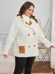 SHEIN Essnce Plus Two Tone Double Breasted Teddy Coat