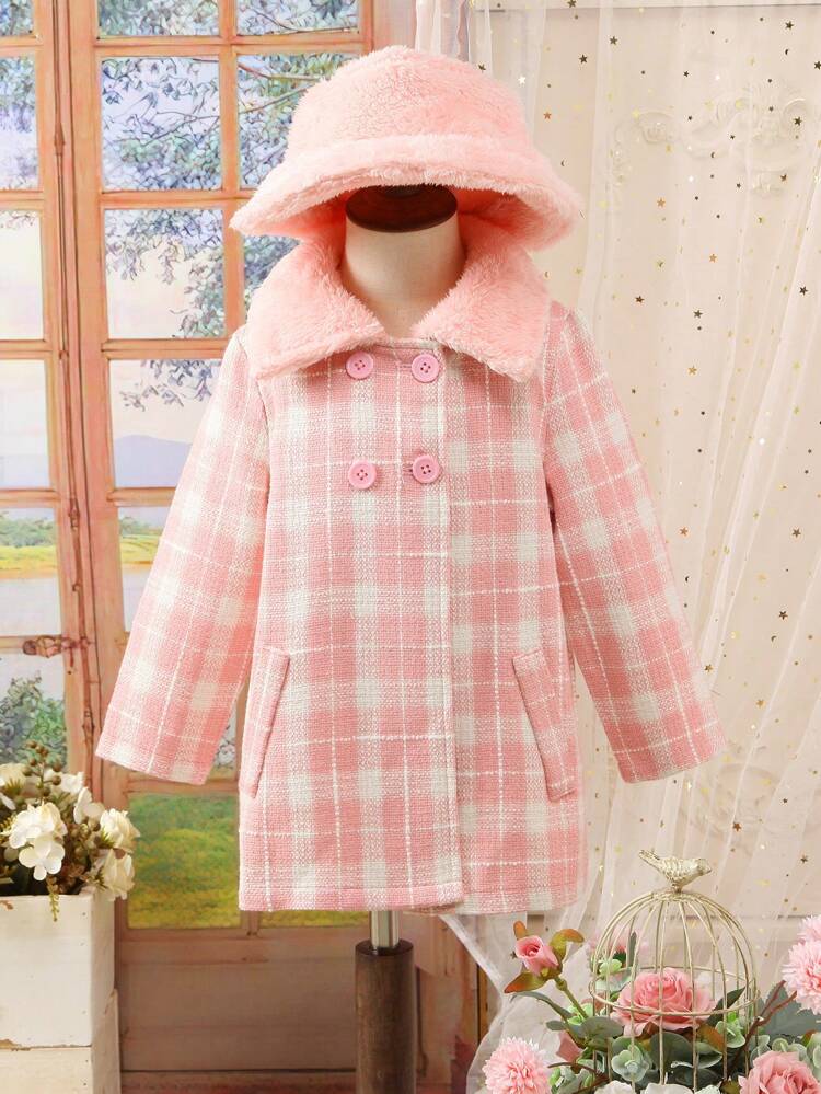 Young Girl Plaid Double Breasted Borg Collar Coat & Hat