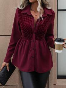 EMERY ROSE 素色前紐扣荷葉邊下擺襯衫 - 酒紅色 - 查看 6