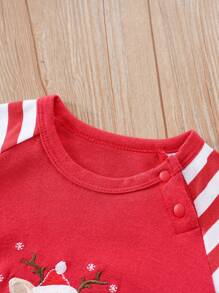 Baby Girl Striped & Christmas Print Raglan Sleeve Jumpsuit - Red - View 5