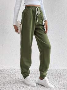 SHEIN Tall Drawstring Waist Slant Pocket Sweatpants - Olive Green - View 5