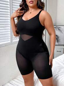 大碼網紗拼接塑身衣連身短褲 - 黑色 - 查看 3