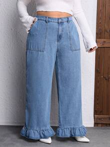 SHEIN Privé Hơn Xù Hoa Sen quần ống rộng Quần jean - Rửa nhẹ - Xem 5