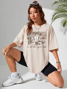 SHEIN EZwear Cattle & Slogan Graphic Drop Shoulder Tee - Apricot - View 6