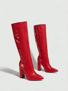 Fall/Winter Classic Crocodile Pattern Zipper Side Pointed Toe Mid-Calf Thick High Heel Boots,Knee High Boots,Party Outfits - Red - View 4