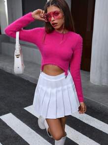 SHEIN Unity Suéter de punto esponjoso corto de un solo color para otoño e invierno - Rosa Fucsia - Ver 5