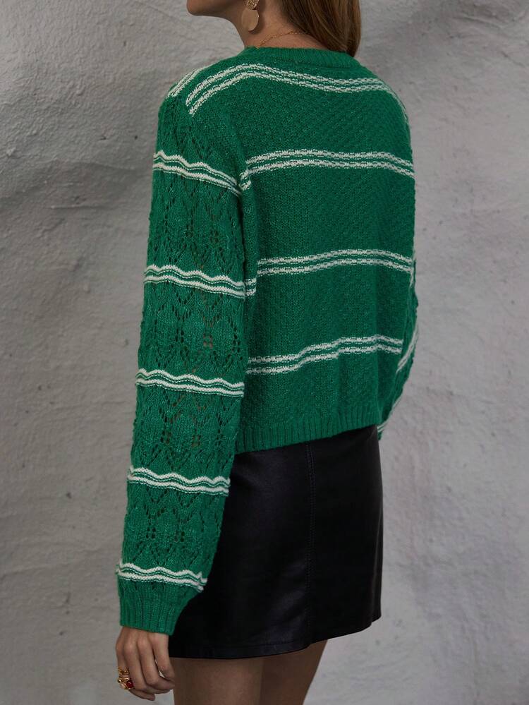Striped Pattern Pointelle Knit Pullover Fall Winter Sweater