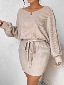 SHEIN Frenchy Hơn Cổ không đối xứng tay cánh Váy có thắt lưng - Màu be - Xem 4