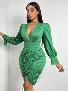 Allurite 性感抽繩 褶邊純色女士連衣裙 - 綠色 - 查看 3