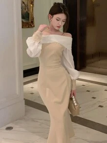 DAZY 露肩灯笼袖鱼尾连衣裙，生日、新年、舞会优雅礼服，秋季长袖连衣裙，婚礼女装，长款连衣裙 - 杏色 - 查看 8