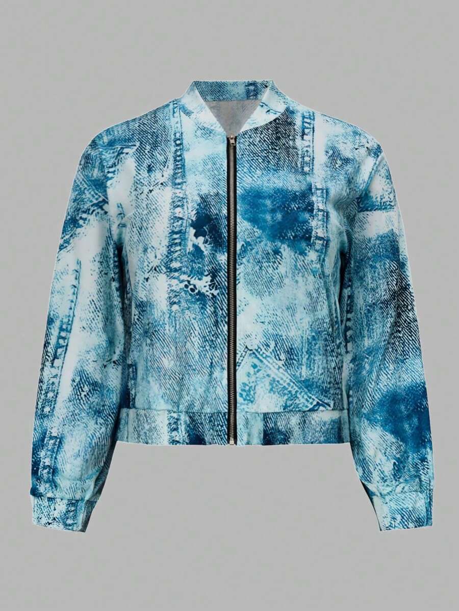 EMERY ROSE Plus Denim Effect Zip Up Bomber Jacket - Multicolor - View 1