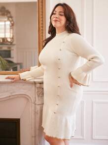 SHEIN Frenchy 大碼小高領紐扣細節荷葉袖荷葉邊毛衣洋裝 - 白色 - 查看 6