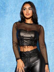 SHEIN PETITE Top con cordón delantero crop de malla - Negro - Ver 3