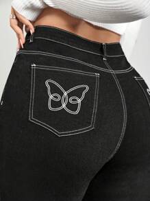 SHEIN ICON 大碼高腰蝴蝶刺繡牛仔喇叭褲 - 黑色 - 查看 3